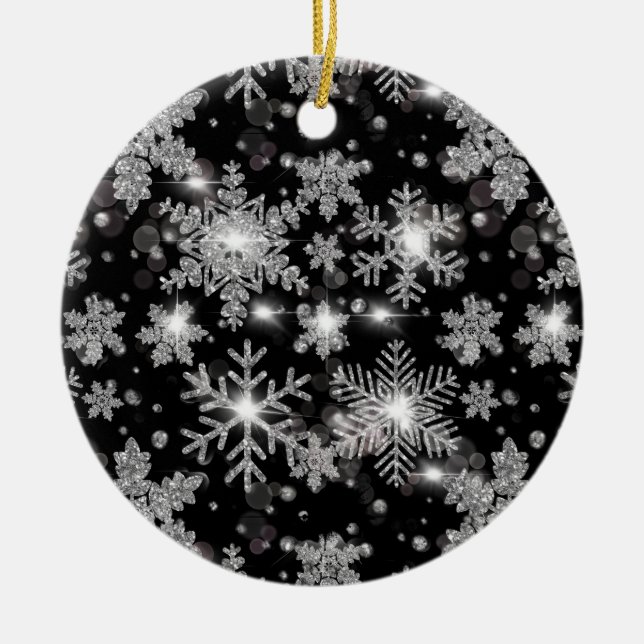 Elegante Weihnachten Schwarz-weiße Silberschneeflo Keramik Ornament (Vorne)