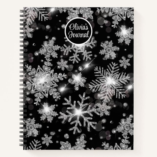 Elegante Weihnachten Schwarz-weiße Silberschneeflo Notizbuch (Vorderseite)