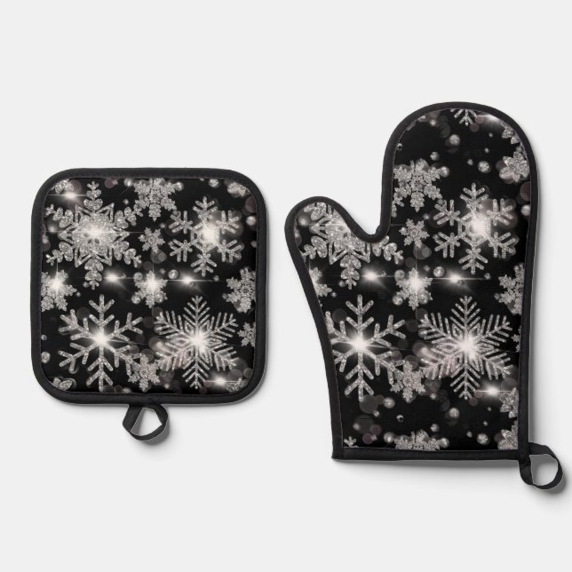 Elegante Weihnachten Schwarz-weiße Silberschneeflo Ofenhandschuh & Topflappen-Set (Vorderseite)