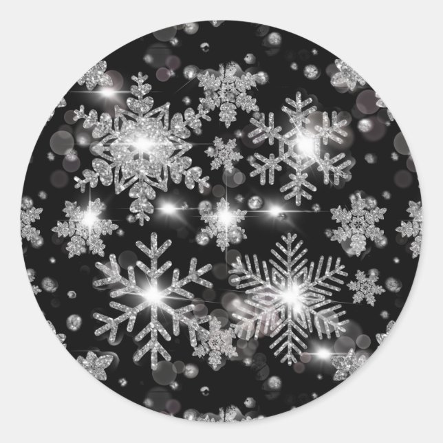 Elegante Weihnachten Schwarz-weiße Silberschneeflo Runder Aufkleber (Vorderseite)