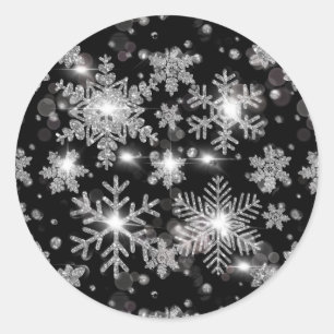 Elegante Weihnachten Schwarz-weiße Silberschneeflo Runder Aufkleber