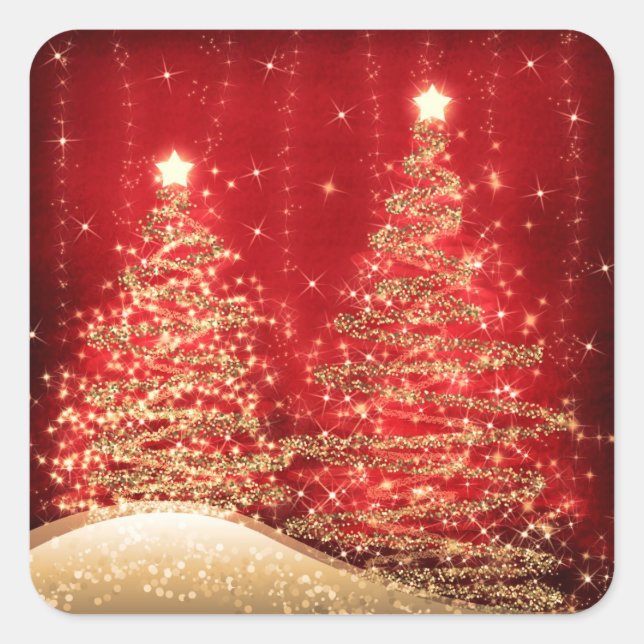 Elegante Weihnachten Sparkling Bäume Rot Quadratischer Aufkleber (Vorderseite)