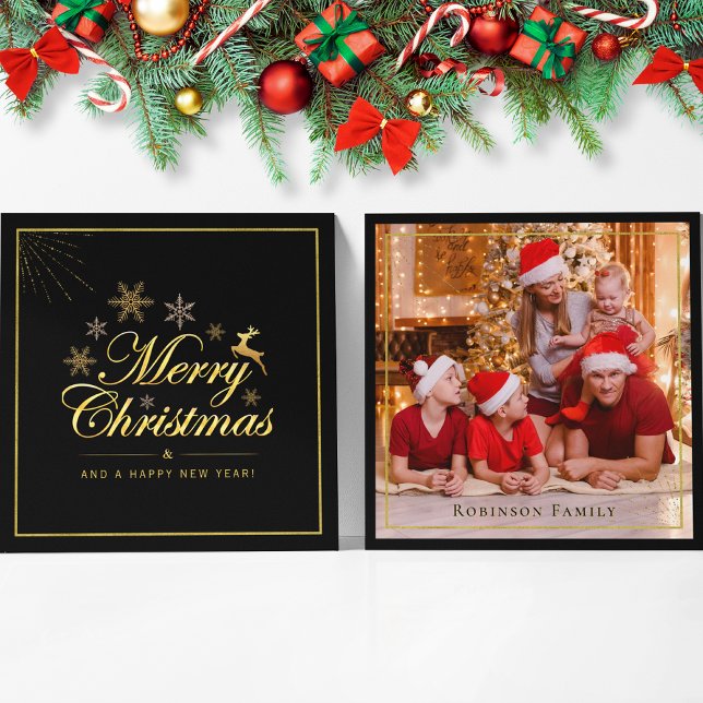 Elegante Weihnachts 1 Foto Schwarz und Gold Script Mitteilungskarte (Von Creator hochgeladen)
