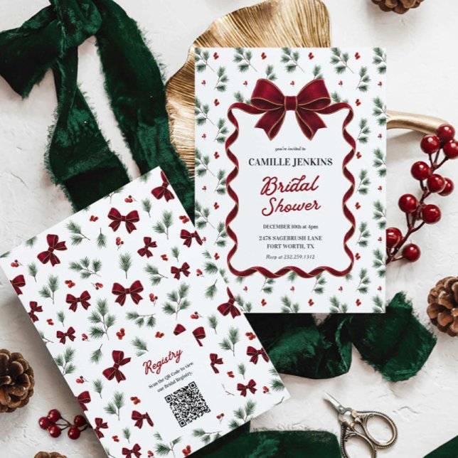 Elegante Weihnachts-Brautparty-QR-Code Einladung (Christmas Red Bow Bridal Shower Invitation)