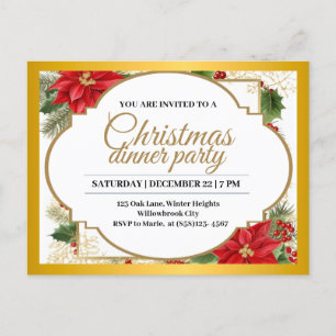 Elegante Weihnachts-Dinnerparty Gold & Poinsettie Postkarte
