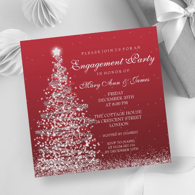 Elegante Weihnachts-Engagement Partei Red Silver Einladung (Elegant Christmas Engagement Party Red Silver Invitation)
