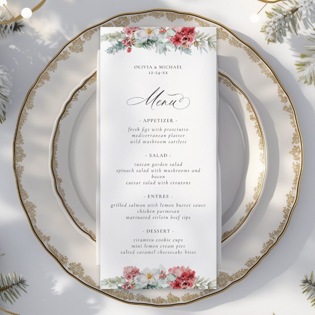 Elegante Weihnachts-Flora-Winter-Hochzeit Menükarte (Von Creator hochgeladen)
