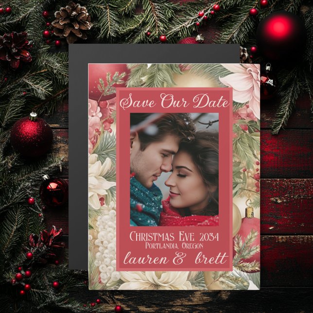 Elegante Weihnachts-Foto Hochzeitskarte Magnetkarte (Traditional Christmas Eve Save the Date Magnet Card-  Perfect for Holiday Weddings)