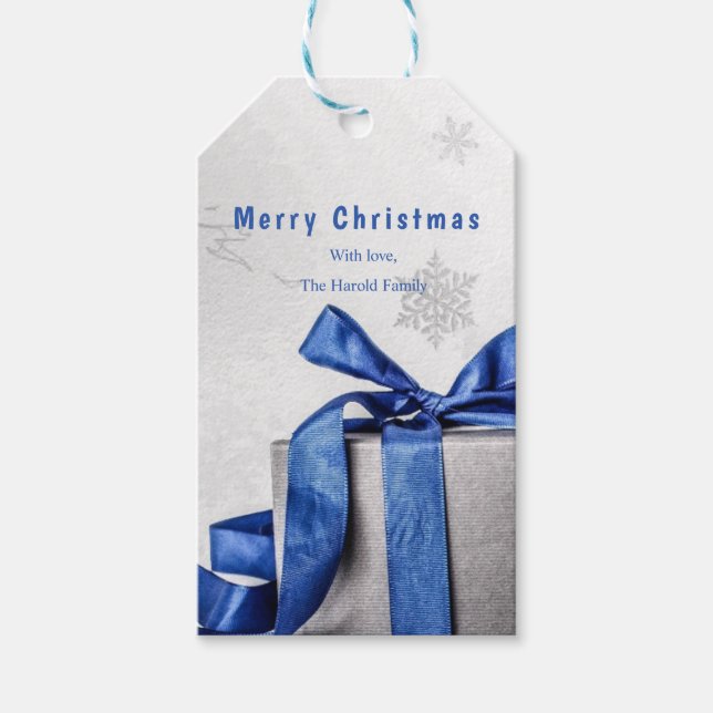 Elegante Weihnachts-Geschenkboxen mit blauem Band Geschenkanhänger (Vorderseite)