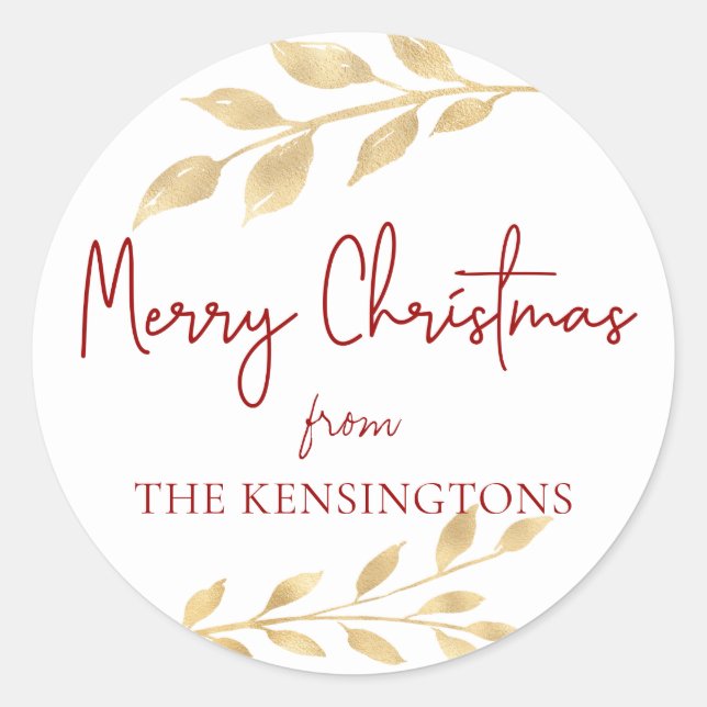 Elegante Weihnachts-Gold-Blätter Typografie Runder Aufkleber (Vorderseite)