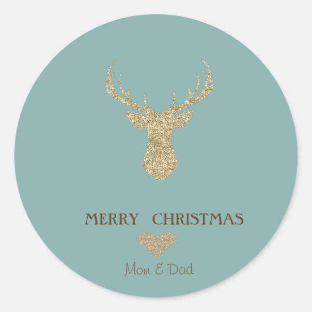 Elegante Weihnachts-Gold-Glitzer-Rentier, Herz Runder Aufkleber (Vorderseite)