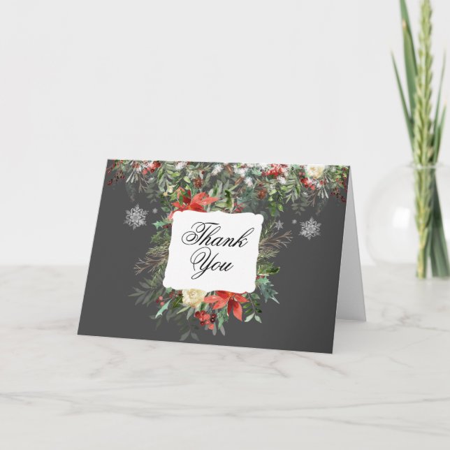 Elegante Weihnachts-Grüntöne/Schneeflocken Hochzei Dankeskarte (Vorderseite)