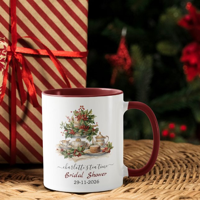 Elegante Weihnachts-Hochzeitsdusche-Teeparty Tasse (christmas bridal shower mug, tea party mug, holiday bridal shower favor, festive tea cup, holly  )