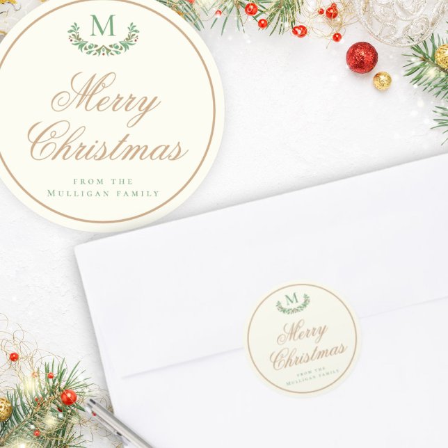 Elegante Weihnachts-Monogramm-Geschenkpackung Runder Aufkleber (Von Creator hochgeladen)