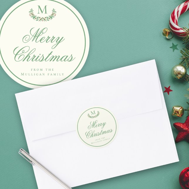 Elegante Weihnachts-Monogramm-Geschenkpackung Runder Aufkleber (Von Creator hochgeladen)