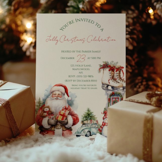 Elegante Weihnachts-Party Einladung in Rot und Grü (Santa-themed Jolly Christmas Magic invitation card — perfect holiday invitation for family & friends)