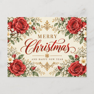 Elegante Weihnachts-Poinsettie & Stechpalme im Vin Feiertagspostkarte