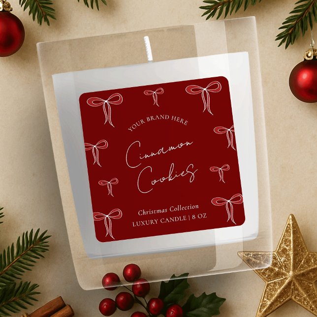 Elegante Weihnachts Red & White Bows Candle Jar Quadratischer Aufkleber (Von Creator hochgeladen)