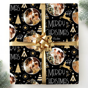 Elegante Weihnachts-Rentier-Foto-Collage Schwarz Geschenkpapier
