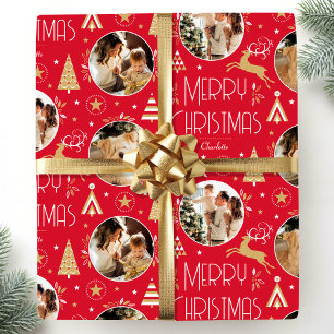 Elegante Weihnachts-Rentier-Fotocollage Rot Gold Geschenkpapier