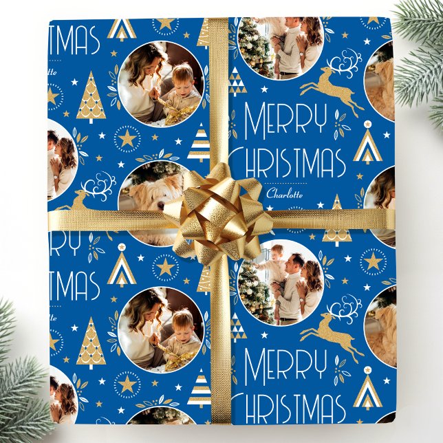 Elegante Weihnachts-Rentierfoto Collage Blue Gold Geschenkpapier (Von Creator hochgeladen)