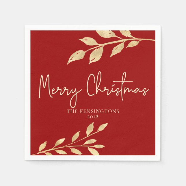 Elegante Weihnachts-Rot- und Gold-Blätter Serviette (Vorderseite)