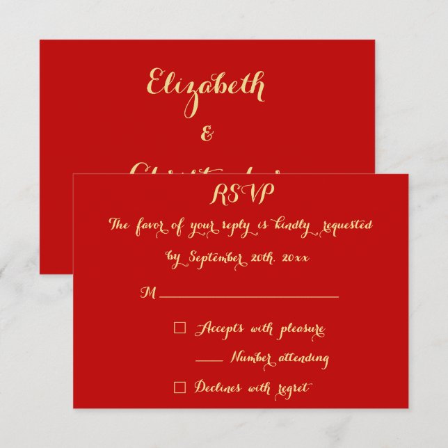Elegante Weihnachts-Rote Imitate Gold Hochzeit Ant RSVP Karte (Vorne/Hinten)
