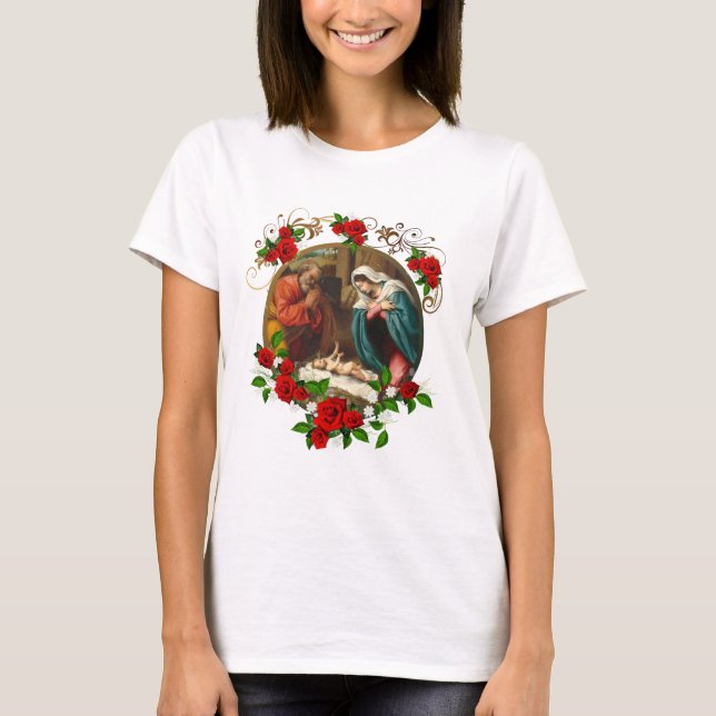 Elegante Weihnachts-Rote Rosen Krippe Heilige Fami T-Shirt (Vorderseite)