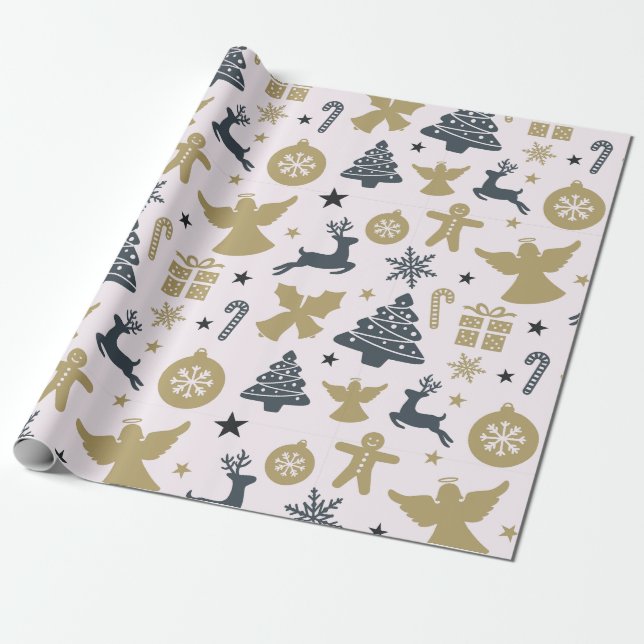 Elegante Weihnachts-Silhouette von Gold und Blau Geschenkpapier (Ungerollt)