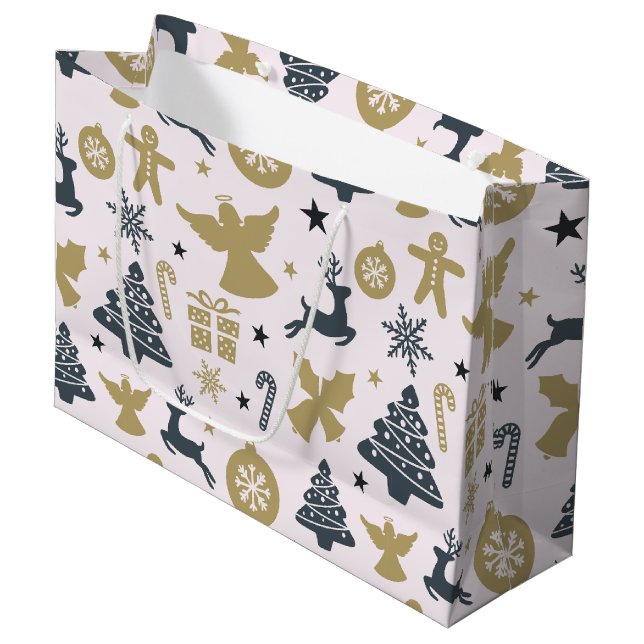 Elegante Weihnachts-Silhouette von Gold und Blau Große Geschenktüte (Vorderseite Schrägansicht)