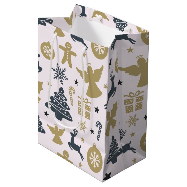 Elegante Weihnachts-Silhouette von Gold und Blau Mittlere Geschenktüte (Vorderseite Schrägansicht)