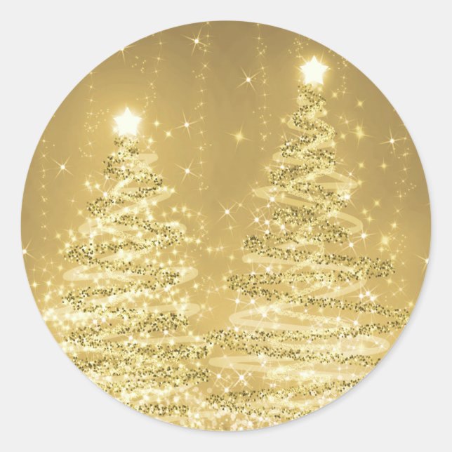 Elegante Weihnachts Sparkling Bäume Gold Runder Aufkleber (Vorderseite)