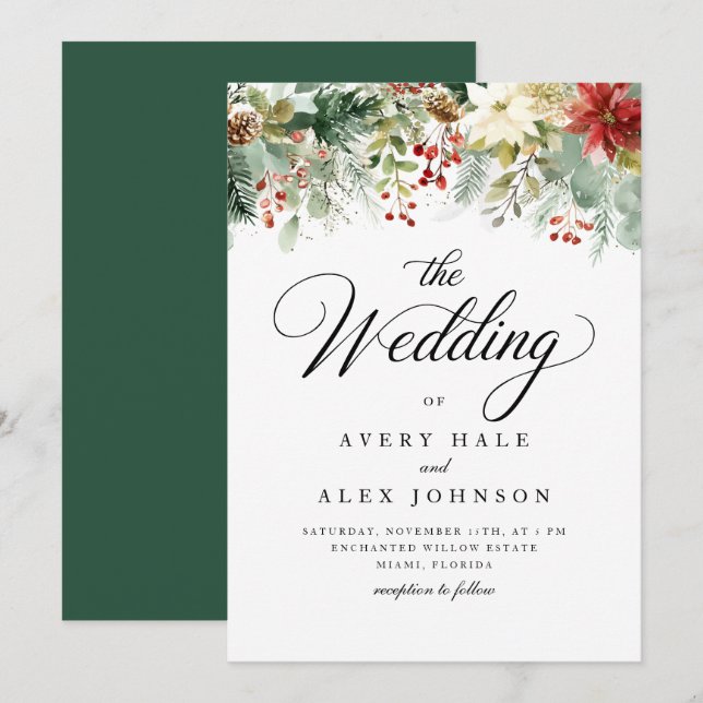 Elegante Weihnachts-Watercolor-Hochzeit Einladung (Vorne/Hinten)