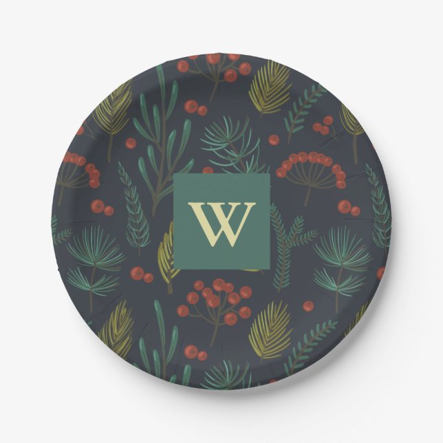 Elegante Weihnachts-Winter-Grün Botanisch Pappteller (Vorderseite)