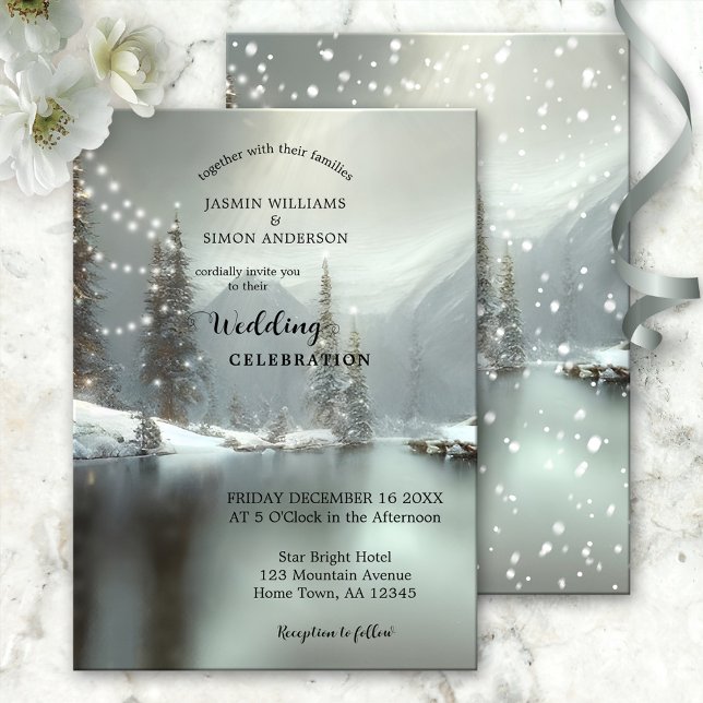 Elegante Weihnachts-Wonderland-Hochzeit Einladung (Wedding invitation featuring a dreamy winter wonderland scene with sparkling lights)