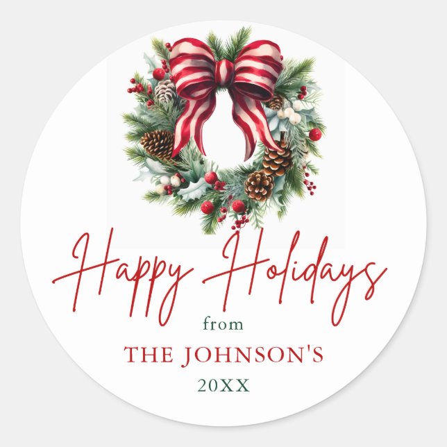 Elegante Weihnachts-Wreath Happy Holidays Runder Aufkleber (Vorderseite)