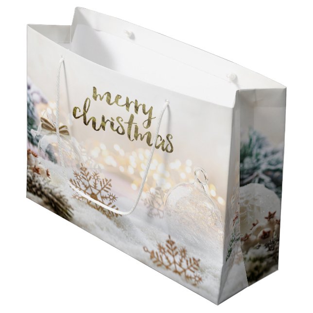Elegante Weihnachtsbälle Goldene Schneeflocken Große Geschenktüte (Vorderseite Schrägansicht)