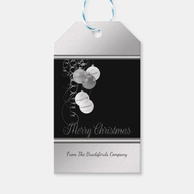 Elegante Weihnachtsbälle, Silber, Schwarze Firma Geschenkanhänger (Vorderseite)