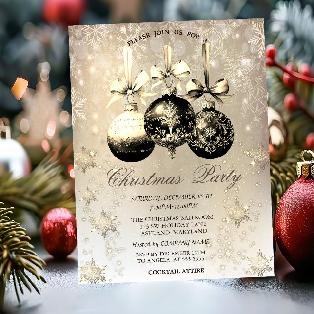 Elegante Weihnachtsbälle Snowflakes Gold Einladung (Von Creator hochgeladen)