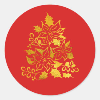 Elegante Weihnachtsbaum mit Goldfolie-Poinsettien Runder Aufkleber