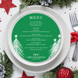Elegante Weihnachtsbäume auf der grünen Runde Menükarte<br><div class="desc">Ein elegantes,  grünes Menü mit weißen Weihnachtsbäumen und eleganten Schriftzeichen. Ideal für ein Weihnachtsfest oder ein besonderes Party mit einem Dinner.</div>