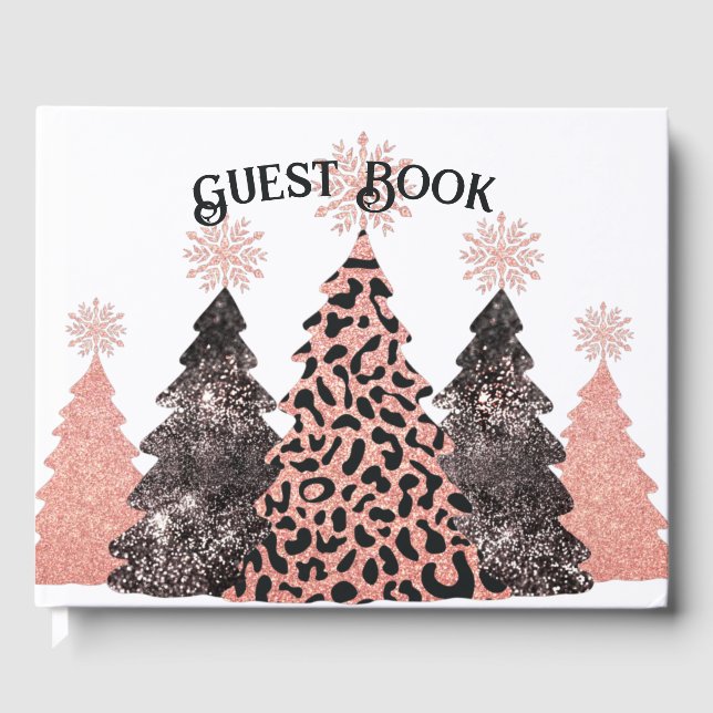 Elegante Weihnachtsbäume Rosa Schwarzer Glitzer Ur Gästebuch (Vorderseite)