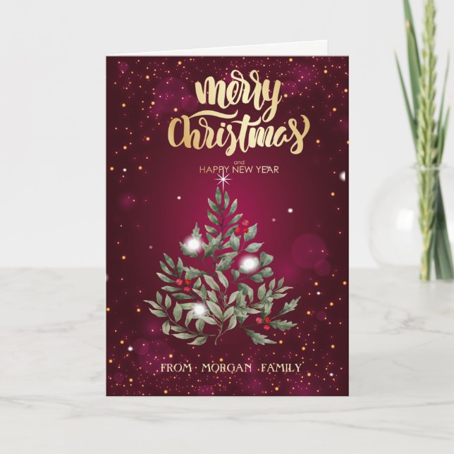 Elegante Weihnachtsbaumzweige Rot Feiertagskarte (Vorderseite)