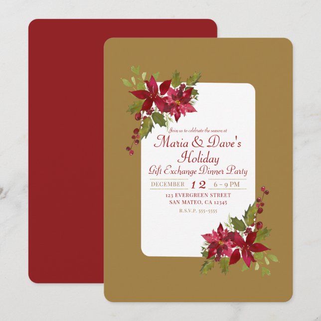 Elegante Weihnachtsfeier Poinsettia Holiday Party Einladung (Vorne/Hinten)