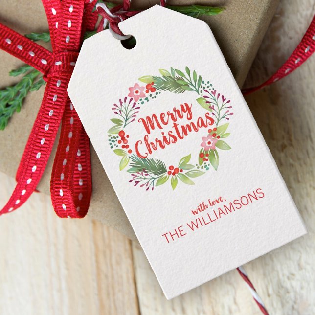 Elegante Weihnachtsfeiertage-Tags Geschenkanhänger (A pretty watercolor Christmas wreath decorates this holiday tag. Personalize it with your name)