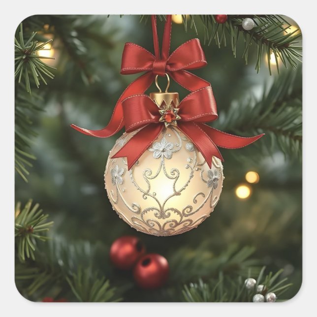 Elegante Weihnachtsgeschichtssammlung mit Red Bow Quadratischer Aufkleber (Vorderseite)