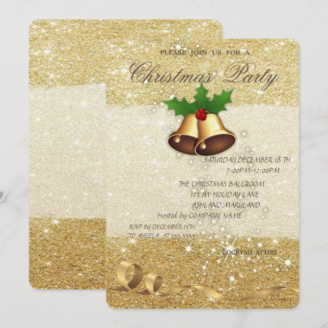 Elegante Weihnachtsglocken, Glitterie, Corporate P Einladung (Vorne/Hinten)