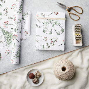 Elegante Weihnachtsglocken & Stechpalmen-Skizze  Geschenkpapier
