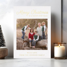 Elegante Weihnachtskarte mit Goldschrift und Foto