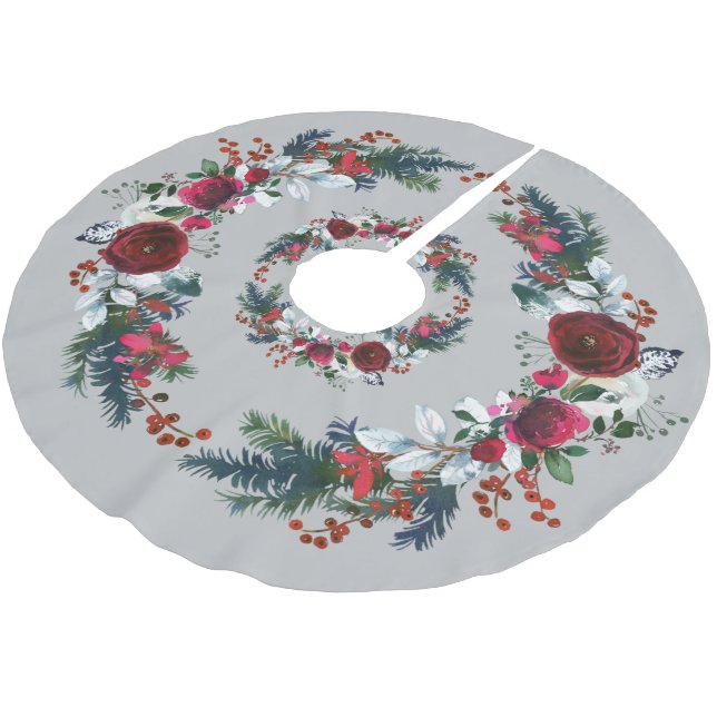 Elegante Weihnachtskranz-Rote Rose Polyester Weihnachtsbaumdecke (Schrägansicht)